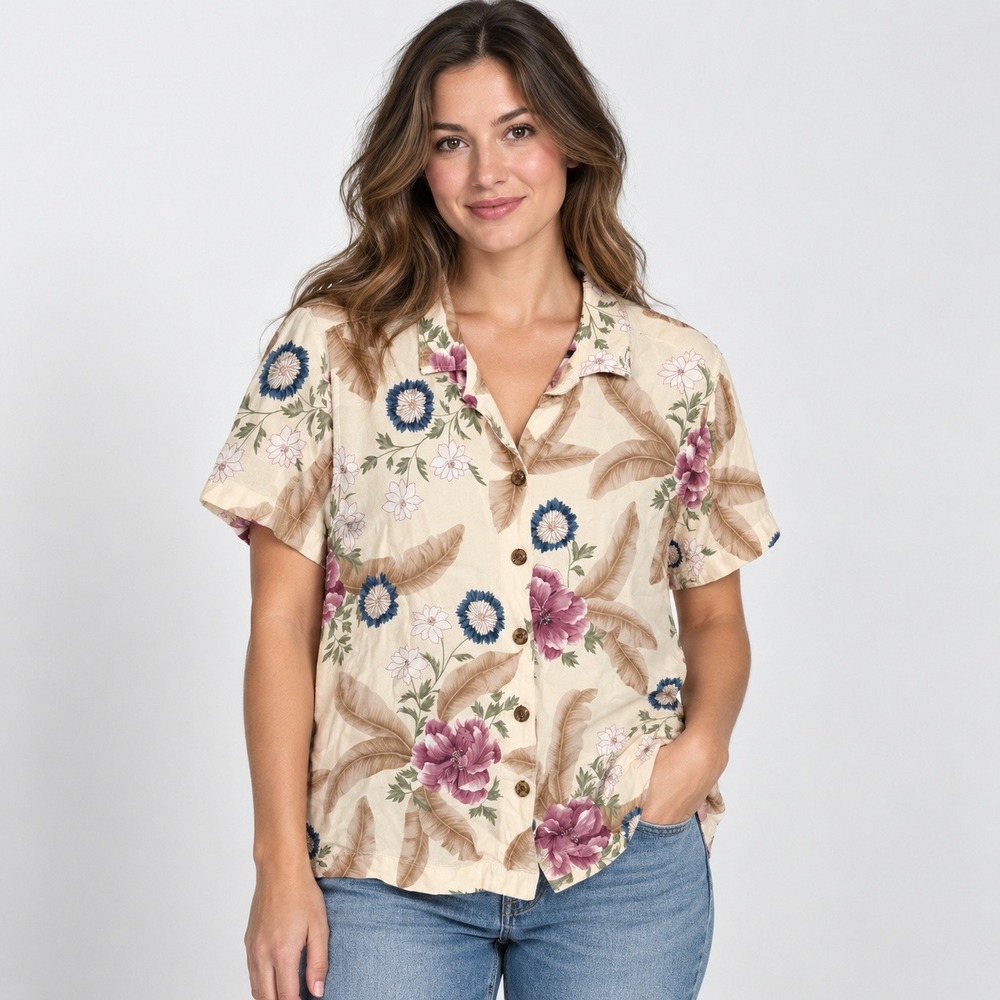 Jamaica Bay Tropical Floral Rayon Button Up Shirt Cream Pink Blue Large